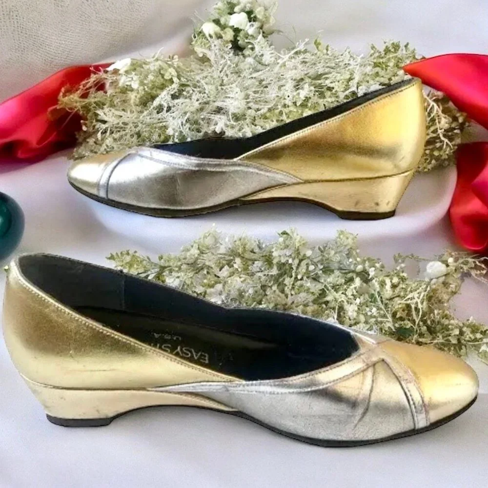 Easy Street Vintage 80's Low Wedge Pump Silver + Gold Made in USA USED